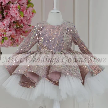 Parlak Pembe Çiçek Kız Elbise Uzun Kollu Payetli Prenses Balo Düğün Parti İçin Küçük Çocuklar Doğum Günü Pageant Törenlerinde