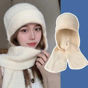 Pembe Şapka Kış Bere Kapşonlu Küçük Eşarp İki aşınma Bonnets Kore Moda Kazak Başörtüsü Kulak Sıcak Kapaklar Chapeau Hiver