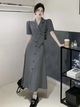 Pist Yüksek Kalite Yaz Ofis OL 2 Parça Set Kadın Çentikli Yaka Düzensiz Kısa Blazer Ceket + Yüksek Bel Midi Etekler Suit