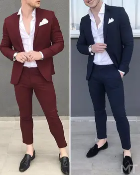 Rahat Şık Burgundry Lacivert Moda Kostüm Homme Düğün Takımları Terno Masculino 2 Parça Slim Fit Blazer (Ceket Pantolon )