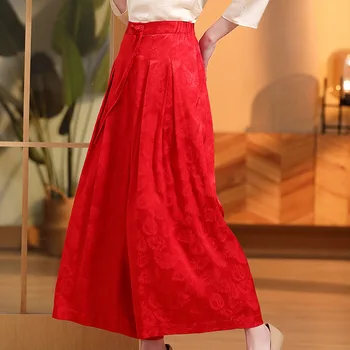 Rayon Jakarlı Uzun Geniş Bacak Pantolon kadın Çin Tarzı Gevşek Moda Geri Bel Elastik 2023 Yeni Bahar / Yaz S-XXL