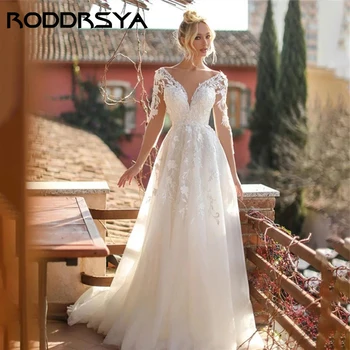 RODDRSYA Seksi V Yaka Backless A-line düğün elbisesi 2023 Romantik Tül Aplike gelin kıyafeti Zarif Uzun Kollu Vestido De Noiva