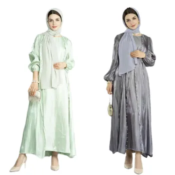 Saten Dubai Elbise Takım Elbise Abaya Türkiye Elbise Fas parti kıyafetleri Ramazan Bayram Müslüman Kadınlar Elbise 2 Adet Setleri İslam Arap Kaftan