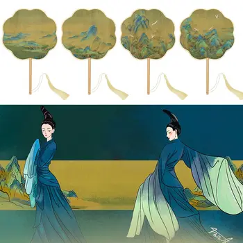Saydam Sekiz Yapraklı Antik Rüzgar Fan Dans Fan Kadın Yeşil Fan Bin Mil Nehir ve Dağlar Fan Cheongsam Fan Hediye