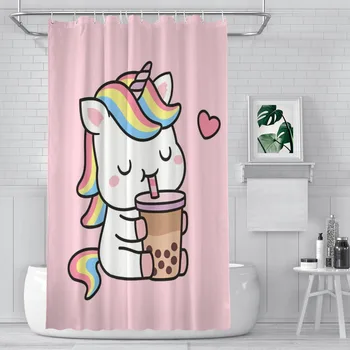 Sevimli Küçük Unicorn Aşk Boba Süt Çay Duş Perdeleri Su Geçirmez Kumaş Yaratıcı Banyo Dekor Kanca ile Ev Aksesuarları