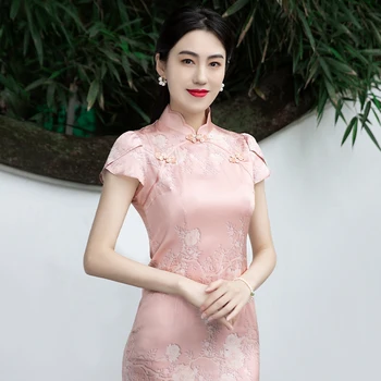 Simeizi HANFU Geliştirilmiş Pembe Antik Kruvaze Cheongsam kadınlar için 2023 İlkbahar ve Sonbahar Genç Çin Tarzı İpek Elbise