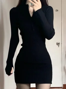 Siyah Bodycon Örme Elbise Kadınlar Seksi Wrap İnce Kısa Elbiseler 2023 Sonbahar Güz Katı Kıyafetler Elbiseler Kadın