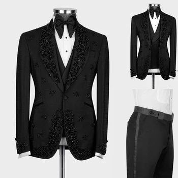 Siyah erkek Takım Elbise Özel 3 Adet Blazer Yelek Pantolon Bir Düğme Düğün Şeffaf Yaka Boncuklu Elmas İnce Custom Made Artı Boyutu