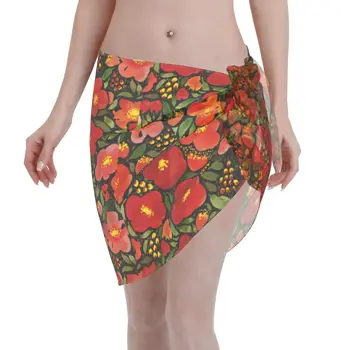 Suluboya Kırmızı gelincik çiçeği Mayo Kadınlar için Kapakları Sarong Plaj Bikini Wrap Şeffaf Kısa Etek şifon eşarp Mayo
