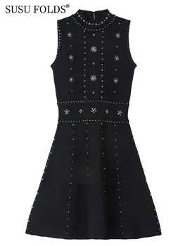 SUSU Örme Boncuk İnce Bel Mutlu Elbise Diz Boyu Kolsuz Zarif Vintage Stil Kadınlar Yeni Sonbahar Moda 2023 SU-B094