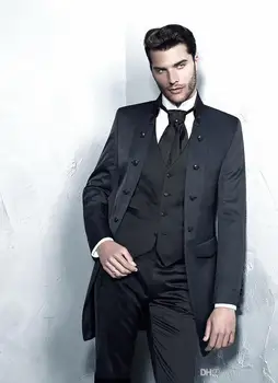 Tam Erkek Takım Elbise 3 Parça Standı Yaka Siyah Kırlangıç Kuyruklu Resmi Yüksek Kalite Moda Ismarlama Slim Fit (Ceket + Pantolon + Yelek + Kravat)