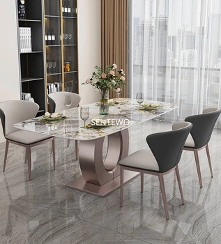 Tasarımcı Lüks yemek odası Mermer Kaya Döşeme yemek masası seti 6 sandalye stolik mobilya meuble marbre Paslanmaz çelik altın taban
