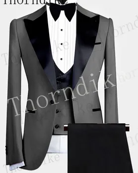 Thorndike Yeni Gri Kostüm slim fit uzun kollu erkek gömlek Takım Elbise Siyah Pantolon Slim Fit Damat Smokin Resmi Düğün Takım Elbise Ceket Pantolon Yelek T1309