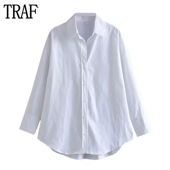 TRAF Beyaz Uzun Gömlek Kadınlar Boy Düğme Gömlek Kadınlar için Uzun Kollu Gevşek Üst Kadın Yaz 2023 Yakalı Kadın Gömlek