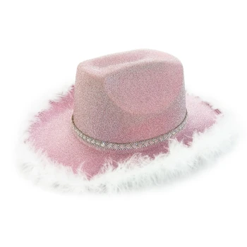 Tüy kovboy şapkası Bekarlığa Veda Partisi Şapka Glitter Cowgirl Şapka Gelin Parti Şapka