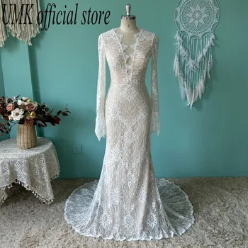 UMK Seksi Derin V Dantel Mermaid Boho düğün elbisesi 2023 Vintage Uzun Kollu Illusion Bohemia gelinlikler