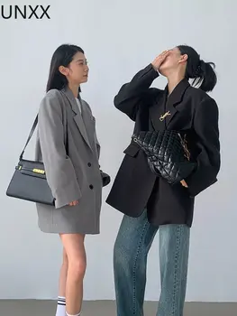 UNXX Yüksek Kaliteli Ofis Bayan Gri Büyük Boy Blazer Kadın Ceket Kore Casual Blazers Ceket iş elbisesi Femme Giyim 2022 Sonbahar