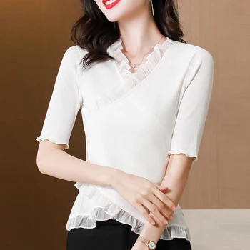 V Yaka Dantel bluz Kadınlar Zarif Ruffles Yaz Kore Üstleri Seksi 2023 Bayan Örgü Gömlek Moda Bahar Gömlek İnce Blusas 25410