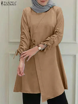 Vintage Dubai Türkiye Abaya Başörtüsü Bluz Kadınlar Uzun Kollu İpli Üstleri 2023 ZANZEA Rahat Müslüman Gömlek Katı İslam Giyim