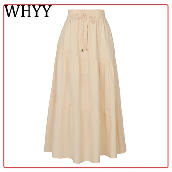WHYY Yaz Boho Beyaz Etek Kadın Elastik Yüksek Bel Keten Pamuk Uzun Etekler Vintage Zarif A-Line plaj elbisesi Kadın