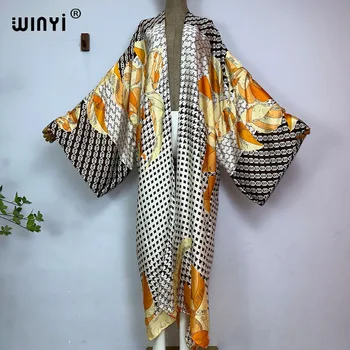 WİNYİ Kimono Kadınlar Retro yaz yeni baskı Uzun Kollu Hırka Kadın Bluz Gevşek Rahat plaj Cover Up parti kuveyt kaftan