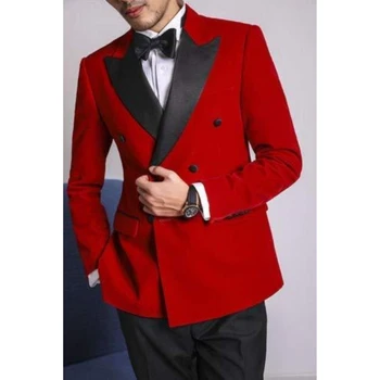 Yakışıklı Kırmızı Kruvaze Erkek Iş takım elbise Damat Smokin Adam Parti Elbise Balo Blazer Ceket Pantolon Setleri (Ceket + Pantolon)