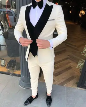 Yakışıklı Tepe Yaka Blazer 3 Parça Resmi Erkek Takım Elbise Slim Fit Smokin Düğün Groomsmen Klasik Siyah Yelek(Ceket + Yelek + Pantolon)
