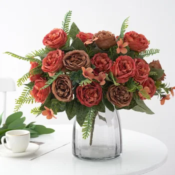 Yapay çiçekler Retro İpek gül buketi Ortanca Şakayık Vintage Gelin Tutan Sahte Bitkiler Ev Düğün Dekorasyon Aksesuarları