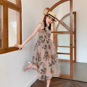 Yaz boyundan bağlamalı elbise Vintage Çiçekli Zarif Uzun Midi Elbise Kadınlar Bayanlar için Parti Plaj Sundress Elbise fairycore
