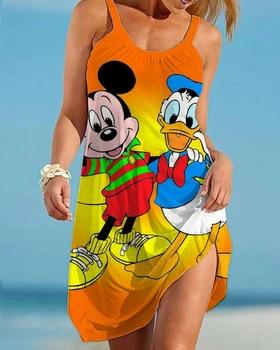 Yaz kadın elbise 2023 Yeni Moda Disney Mickey Mouse Baskı Kolsuz Elbise Kravat Askıları Kadın Elbiseler robe Mujer