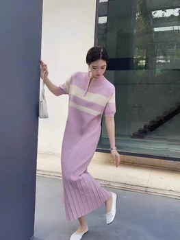Yaz Zarif Elbise Kadın Örme Buz İpek Kısa Kollu Fermuar Pilili Rahat Gevşek Uzun Elbiseler Kore Moda Kontrast Renk