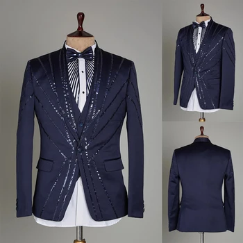 Yeni Mavi Düğün Erkek Takım Elbise Payetler İle Tailor-Made İş Damat 2-Pieces Ceket Yelek Resmi Günler Parti Şarkıcı Kostüm Yapılan
