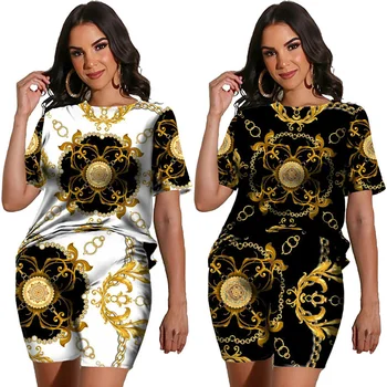 Yeni Moda Lüks Altın Desen kadın Tee / Şort / Setleri Vintage 3D Baskı Y2k İki Parçalı Takım Elbise Rahat Çift Streetwear Kıyafetler