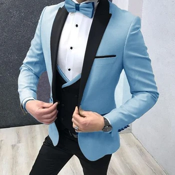 Yeni Popüler Erkek Açık Mavi 3 Parça Takım Elbise 2023 Slim Fit Bir Düğme Özelleştirilmiş Resmi Düğün Balo Smokin (Ceket + Yelek + Pantolon)