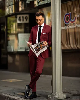 Yeni Tasarım Şarap Kırmızı slim fit uzun kollu erkek gömlek Takım Elbise 2 Adet (Ceket + Pantolon)çentik Yaka İş Tek Göğüslü terno masculino completo Setleri