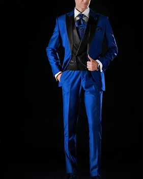 Yeni Varış Groomsmen Tepe Siyah Yaka Damat Smokin Bir Düğme Erkek Takım Elbise Düğün/Balo/Akşam Yemeği En Iyi Adam (Blazer + Yelek + Pantolon + Kravat)
