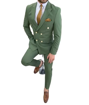 Yeşil Kruvaze Erkek Takım Elbise Kilolu Artı Boyutu Düğün Smokin Damat Mavi 2 Parça Özel Resmi Iş Kostüm