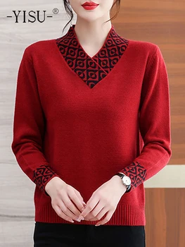 YISU Sonbahar Kış Kadın Kazak Yaka yaka Örme kazak uzun kollu Kadın Rahat Gevşek Moda baskı Kadın giyim