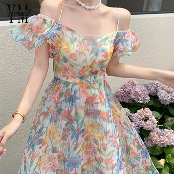 YornMona Kadın Elbise 2023 Yaz Romantik Çiçek Baskı Kapalı Omuzlar Sapanlar uzun elbise Tatil Moda Kore Parti Vestidos