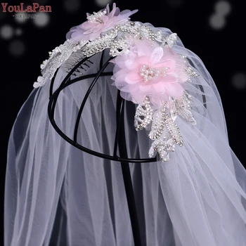 YouLaPan VS498 Gelin Peçe Kafa Bandı ile Gelin Peçe Çiçekler Bej Gelin Şapkalar Gelin Veils Düğün Kristal Boncuklu