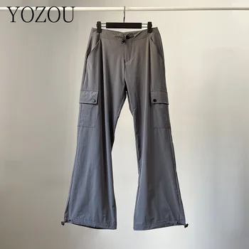 [YOZOU] İpli Streetwear Gorpcore Gri Siyah Boy Gevşek Paraşüt kargo Pantolon Baggy Geniş Bacak Pantolon Jogger Kadınlar