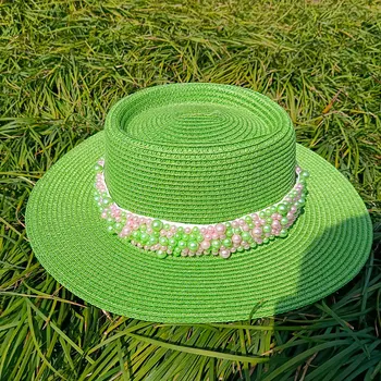 Yumru üst yeni inci hasır şapka elastik kemer aksesuarları güneş şapkası açık hasır şapka plaj şapkası erkekler ve kadınlar hasır şapka