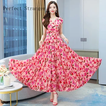 Yüksek Kalite 2023 yaz elbisesi Kadınlar İçin V Yaka Çiçek Baskılı Kısa Kollu Kadın Şifon uzun elbise