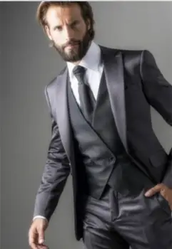 Yüksek Kaliteli Gri Erkek Takım Elbise Slim Fit 3 Parça (Ceket + Pantolon + Yelek) Blazer İtalyan Özel Damat Balo Parti Smokin Terno Masculino