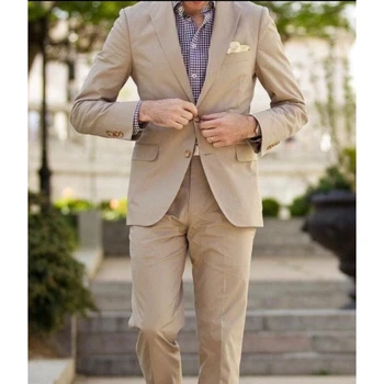 Zarif 2 Düğmeler Casual Haki Erkek Takım Elbise İki Adet (Ceket + Pantolon) düğün Smokin Parti Yemeği Damat Giyim Evlilik Takım Elbise erkekler İçin