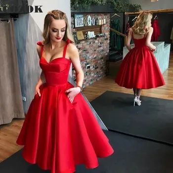 Zarif Kırmızı Saten A-Line Kısa Abiye Cepler İle Çay Boyu Sevgiliye Örgün Parti Elbiseler Kadınlar İçin Elbiseler De Soirée