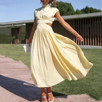 Zarif Yeni Moda Kadınlar Yaz Tatlı Elbise Standı Yaka Kolsuz Hollow Out Bel Dantelli Büyük Hem Uzun Midi Elbise