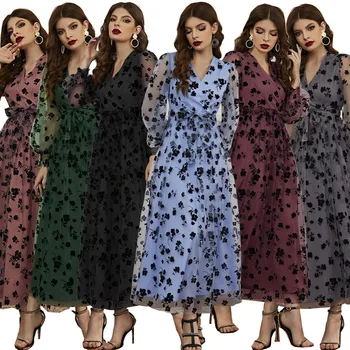 Zarif Çiçek Dantel uzun elbise Müslüman Kadınlar Yüksek Bel Baskı V Boyun Elbiseler 2023 Yeni Rahat Bayan Giyim Vestidos Ramazan