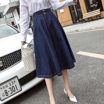 Zoki Zarif Kadın Kot Etek Sonbahar Moda Düğmesi Bir Çizgi Jean Orta buzağı Etek Rahat Kore Büyük Boy Gevşek Faldas Kadın 