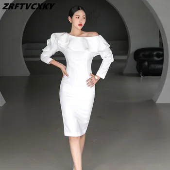 ZRFTVCXKY Sonbahar Kore Beyaz Uzun Kollu Kalem Elbise Kadınlar Zarif Basit Bodycon Ofis Ince Rahat Parti Elbiseler Vestidos